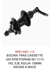 BOCINA TRASERA CASSETTE 32H MTB P/SRAM XD 11/12 VEL EJE AGUJA 135MM NEGRA X-RACE