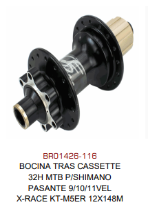 BOCINA TRASERA CASSETTE 32H MTB P/SHIMANO PASANTE 9/10/11VEL X-RACE KT-M5ER 12X148M