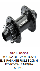 BOCINA DEL 26 MTB 32H EJE PASANTE ROLES 20MM F/D KT-TW1F NEGRA X-RACE